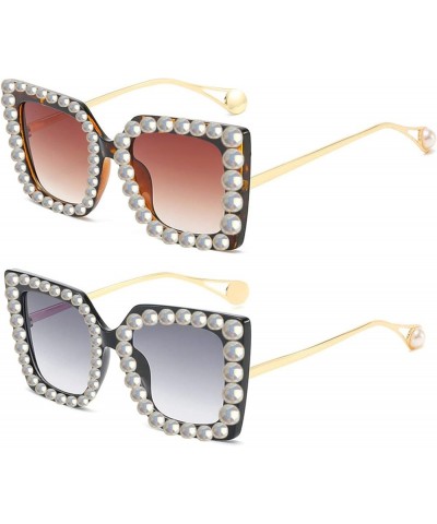 Trendy Rhinestone Square Sunglasses Women Oversized Crystal Frame pearl Gradient Lens Eyeglasses 2pcs-black&leopard $11.56 Ov...