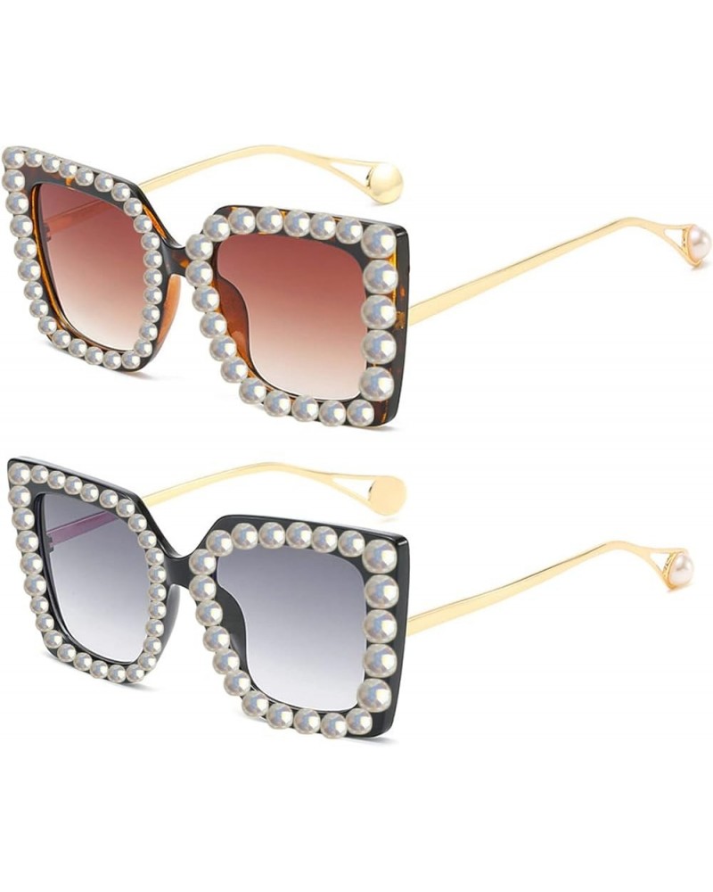 Trendy Rhinestone Square Sunglasses Women Oversized Crystal Frame pearl Gradient Lens Eyeglasses 2pcs-black&leopard $11.56 Ov...