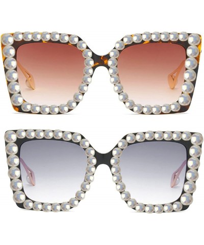 Trendy Rhinestone Square Sunglasses Women Oversized Crystal Frame pearl Gradient Lens Eyeglasses 2pcs-black&leopard $11.56 Ov...