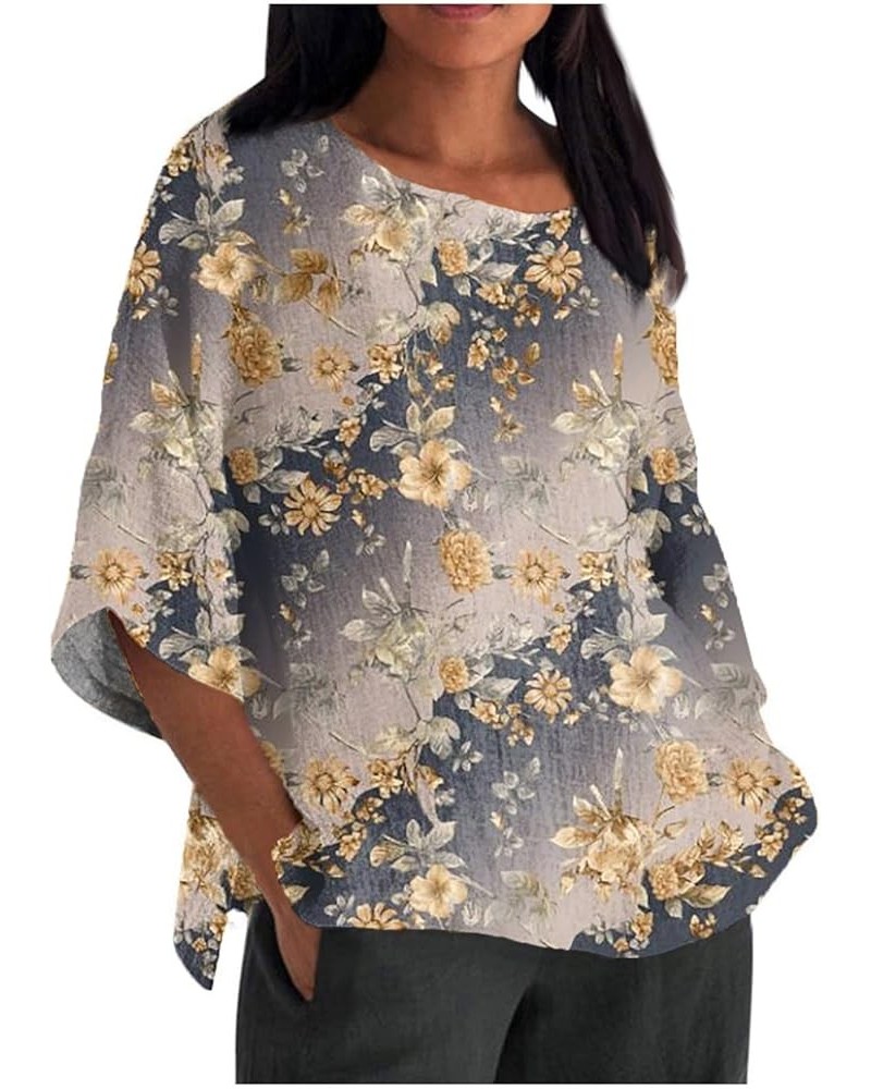 Women Summer Tops 2024 Round Neck 3/4 Length Sleeve T Shirt Floral Printed Resort Wear Lightweight Blouses 4-khaki $11.79 Des...