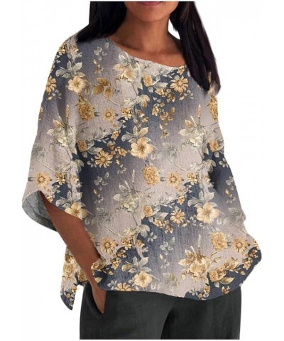 Women Summer Tops 2024 Round Neck 3/4 Length Sleeve T Shirt Floral Printed Resort Wear Lightweight Blouses 4-khaki $11.79 Des...