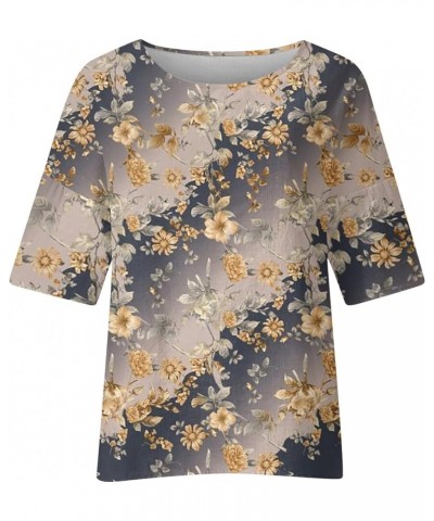 Women Summer Tops 2024 Round Neck 3/4 Length Sleeve T Shirt Floral Printed Resort Wear Lightweight Blouses 4-khaki $11.79 Des...