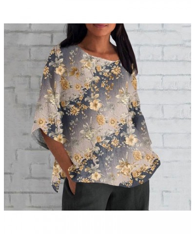 Women Summer Tops 2024 Round Neck 3/4 Length Sleeve T Shirt Floral Printed Resort Wear Lightweight Blouses 4-khaki $11.79 Des...