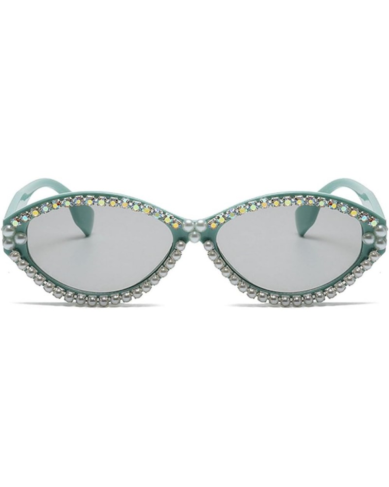 2023 Vintage Pearl Rhinestone Oval Sunglasses Women Fashion Diamond Small Cat Sun Glasses Men Green Grey $11.20 Designer