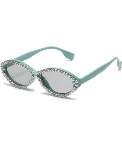 2023 Vintage Pearl Rhinestone Oval Sunglasses Women Fashion Diamond Small Cat Sun Glasses Men Green Grey $11.20 Designer