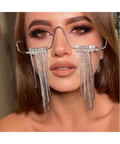 No Lens Diamond Decor Half Glasses Frame Retro Crystal Metal V Frame Eyeglasses Without Lens Rhinestone Long Chain Silver $12...