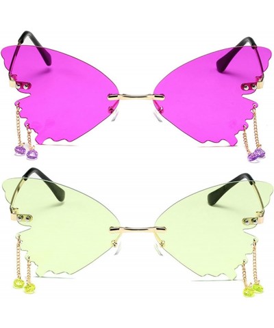 Tassel Pendant Butterfly Sunglasses For Women's Transparent Candy Party Rimless Glasses 2pcs-navy Purple&green $11.31 Butterfly