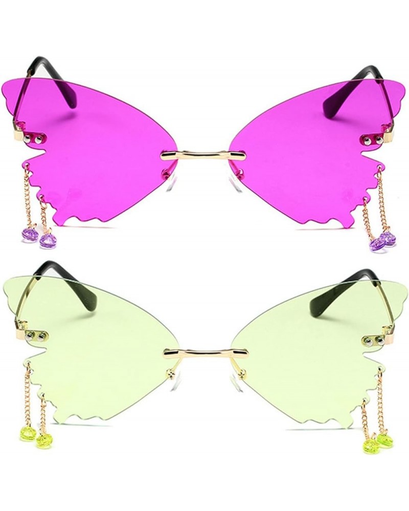 Tassel Pendant Butterfly Sunglasses For Women's Transparent Candy Party Rimless Glasses 2pcs-navy Purple&green $11.31 Butterfly