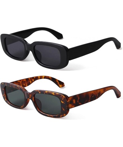 Retro Rectangle Sunglasses Women and Men Vintage Small Square Sun Glasses UV Protection Glasse 2 Pack Black + Leopard Frame G...