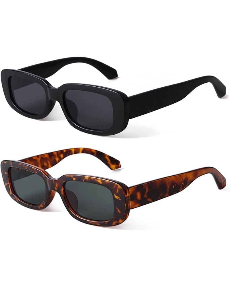 Retro Rectangle Sunglasses Women and Men Vintage Small Square Sun Glasses UV Protection Glasse 2 Pack Black + Leopard Frame G...