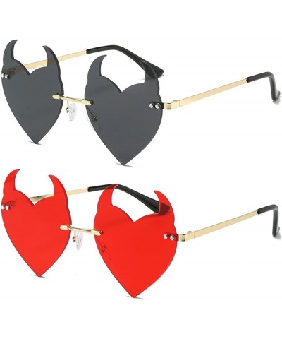 2022 Unique Devil Sunglasses Women Metal Rimless Heart Sunglasses Trendy Ladies Funny Party Glasses 2pcs-black&red $9.87 Rimless