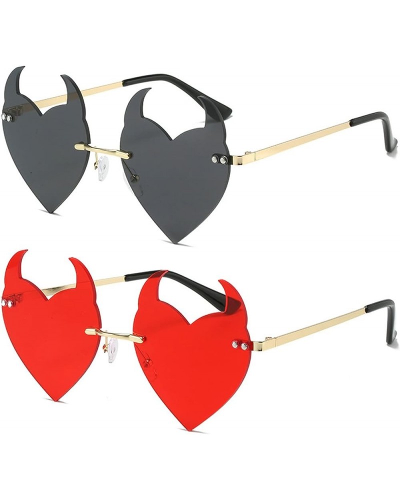 2022 Unique Devil Sunglasses Women Metal Rimless Heart Sunglasses Trendy Ladies Funny Party Glasses 2pcs-black&red $9.87 Rimless