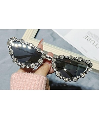 Small Cat Eye Diamond Shiny Y2k Sunglasses For Women Vintage Alloy Crystal Elegant Party Sexy Sun Glasses Female 2pcs Grey&br...