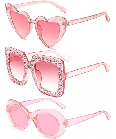 3 Pack Pink/Hotpink Sunglasses for Women, Retro Heart Rectangle Square Oval Party Glasses Costume Eyewear Pink-a $9.00 Designer