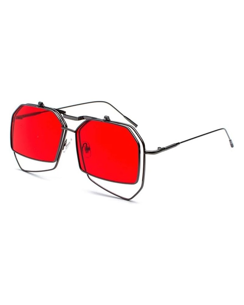 Metal Retro Punk Flip Sunglasses Flat Mirror Dual-use Large Frame Sunglasses Gunred $10.25 Rectangular