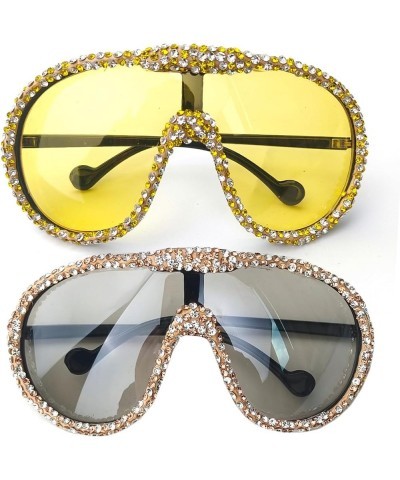 Oversized Wrap Around Y2k Rhinestone Sunglasses Women Rimless Diamond Sun Glasses Futuristic Crystal Shades 2pcs-black&yellow...