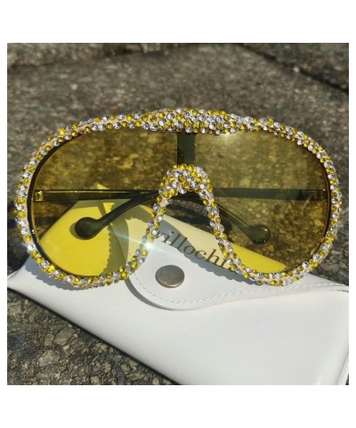 Oversized Wrap Around Y2k Rhinestone Sunglasses Women Rimless Diamond Sun Glasses Futuristic Crystal Shades 2pcs-black&yellow...