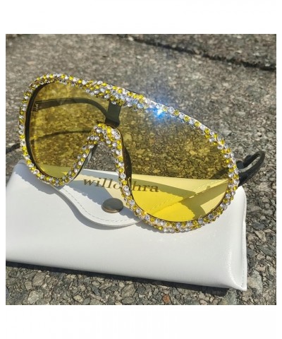 Oversized Wrap Around Y2k Rhinestone Sunglasses Women Rimless Diamond Sun Glasses Futuristic Crystal Shades 2pcs-black&yellow...