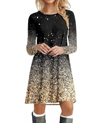 Dresses for Women 2024 Women Fashion Sequin Printed Round Neck Long Sleeve Casual Midi Dress Yellow $10.39 Designer