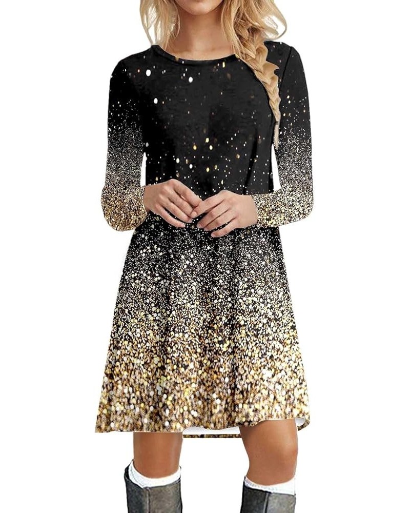 Dresses for Women 2024 Women Fashion Sequin Printed Round Neck Long Sleeve Casual Midi Dress Yellow $10.39 Designer