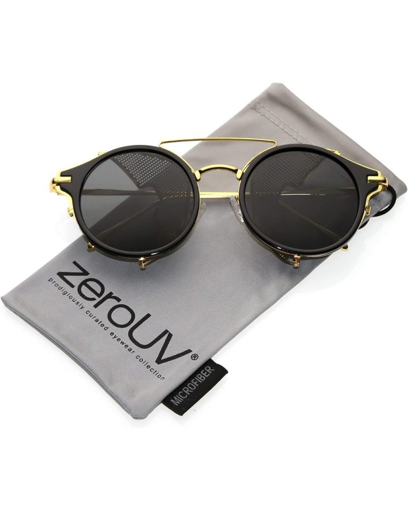 Steampunk Double Crossbar Fold In Side Covers Round Flat Lens Horn Rimmed Sunglasses 54mm Black Gold / Smoke $9.50 Round