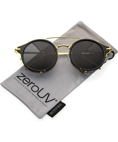 Steampunk Double Crossbar Fold In Side Covers Round Flat Lens Horn Rimmed Sunglasses 54mm Black Gold / Smoke $9.50 Round