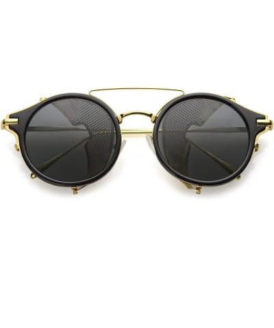 Steampunk Double Crossbar Fold In Side Covers Round Flat Lens Horn Rimmed Sunglasses 54mm Black Gold / Smoke $9.50 Round