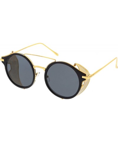 Steampunk Double Crossbar Fold In Side Covers Round Flat Lens Horn Rimmed Sunglasses 54mm Black Gold / Smoke $9.50 Round