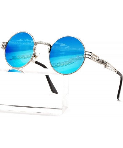 Round Steampunk Sunglasses Circle Lennon Hippie Glasses Metal Frame 100% UV Blocking Lens Silver/Ice Blue Mirror $11.19 Aviator