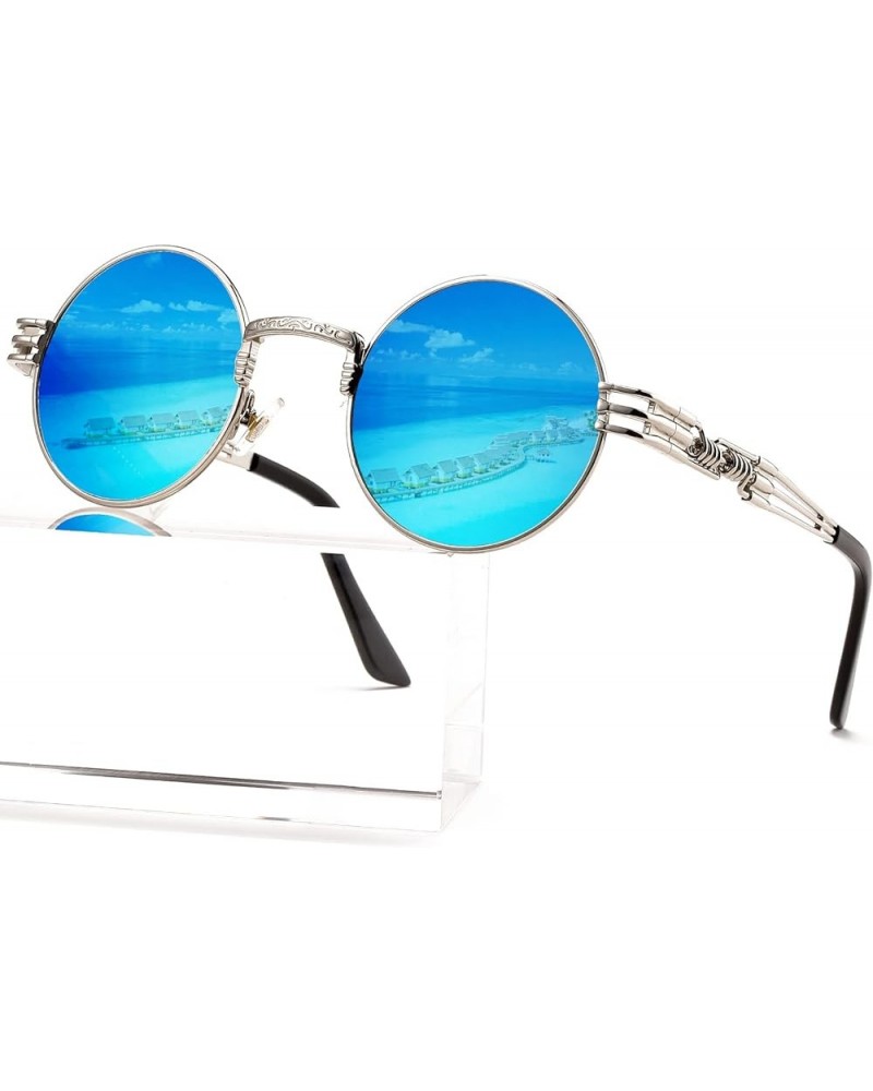 Round Steampunk Sunglasses Circle Lennon Hippie Glasses Metal Frame 100% UV Blocking Lens Silver/Ice Blue Mirror $11.19 Aviator