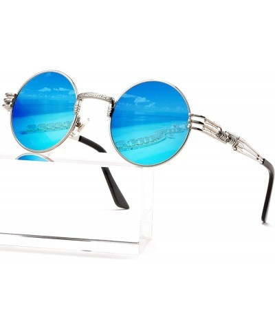 Round Steampunk Sunglasses Circle Lennon Hippie Glasses Metal Frame 100% UV Blocking Lens Silver/Ice Blue Mirror $11.19 Aviator