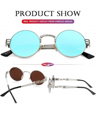 Round Steampunk Sunglasses Circle Lennon Hippie Glasses Metal Frame 100% UV Blocking Lens Silver/Ice Blue Mirror $11.19 Aviator