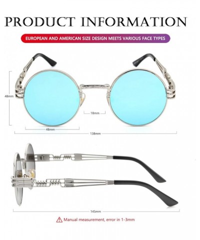 Round Steampunk Sunglasses Circle Lennon Hippie Glasses Metal Frame 100% UV Blocking Lens Silver/Ice Blue Mirror $11.19 Aviator