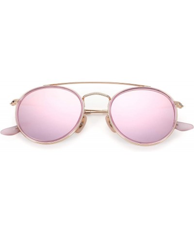 Double Bridge Round Sunglasses for Women Men 100% Crystal Real Glass Lens Retro UV400 Protection Gold/Pink Mirrored/Non Polar...