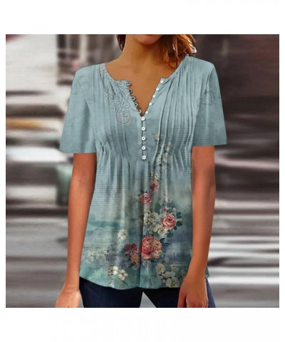 Womens Loose Fit T Shirt Colorful Floral Printing V Neck Button Tunic Shirts Short Sleeve Hide Belly Tops Fashion Light Blue ...