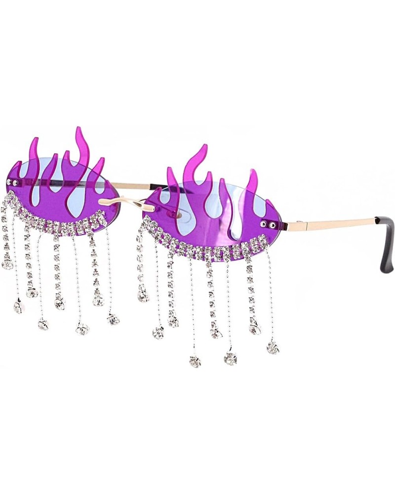 Vintage Retro Bling Rhinestone Tassel Rimless Sunglasses Crystal Trim Jeweled Fire Flame Glasses Fire Flame Purple $28.19 Oval