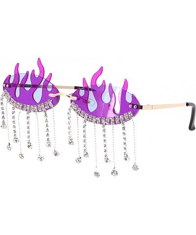 Vintage Retro Bling Rhinestone Tassel Rimless Sunglasses Crystal Trim Jeweled Fire Flame Glasses Fire Flame Purple $28.19 Oval