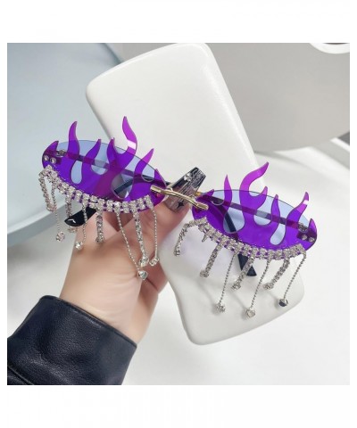 Vintage Retro Bling Rhinestone Tassel Rimless Sunglasses Crystal Trim Jeweled Fire Flame Glasses Fire Flame Purple $28.19 Oval