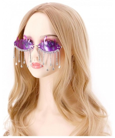 Vintage Retro Bling Rhinestone Tassel Rimless Sunglasses Crystal Trim Jeweled Fire Flame Glasses Fire Flame Purple $28.19 Oval