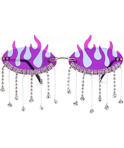 Vintage Retro Bling Rhinestone Tassel Rimless Sunglasses Crystal Trim Jeweled Fire Flame Glasses Fire Flame Purple $28.19 Oval