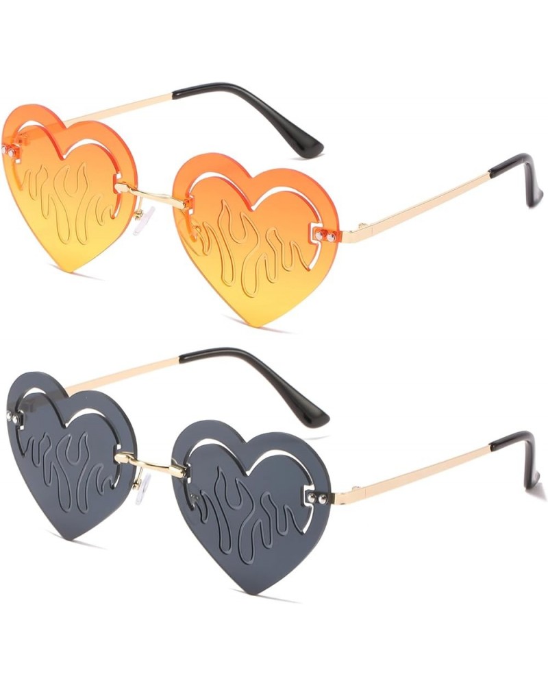 Heart Sunglasses Rimless Sun Glasses Fire Heart Party Glasses Cute UV400 Protection Eyewear Black/Orange $10.61 Heart