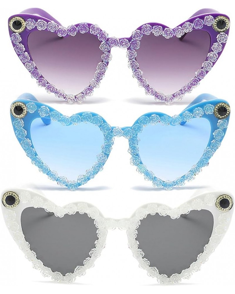 Love Heart Shaped Sunglasses for Women Flower Decoration Female Rhinestone Sunglasses Trendy Cat Eye Party Glasses 3pcs-purpl...