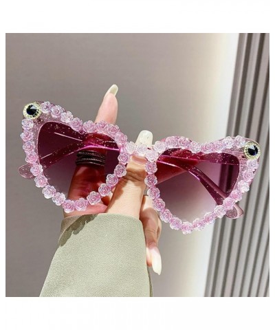 Love Heart Shaped Sunglasses for Women Flower Decoration Female Rhinestone Sunglasses Trendy Cat Eye Party Glasses 3pcs-purpl...