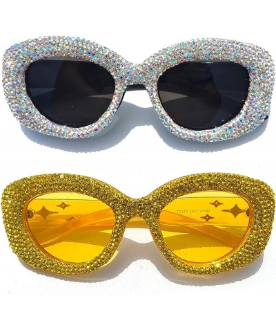 Oversized Square Frame Sparkling Rhinestone Crystal Design bling party Sunglasses For Women Retro Thick Frame 2pcs-yellow&whi...