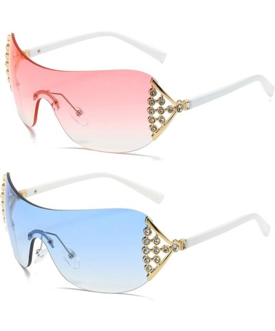 Wrap Around Y2K Rimless Rhinestone Sunglasses for Women Men, Oversized Futuristic One Piece Shield Sun Glasses 2pcs-pink&blue...