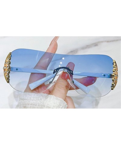 Wrap Around Y2K Rimless Rhinestone Sunglasses for Women Men, Oversized Futuristic One Piece Shield Sun Glasses 2pcs-pink&blue...