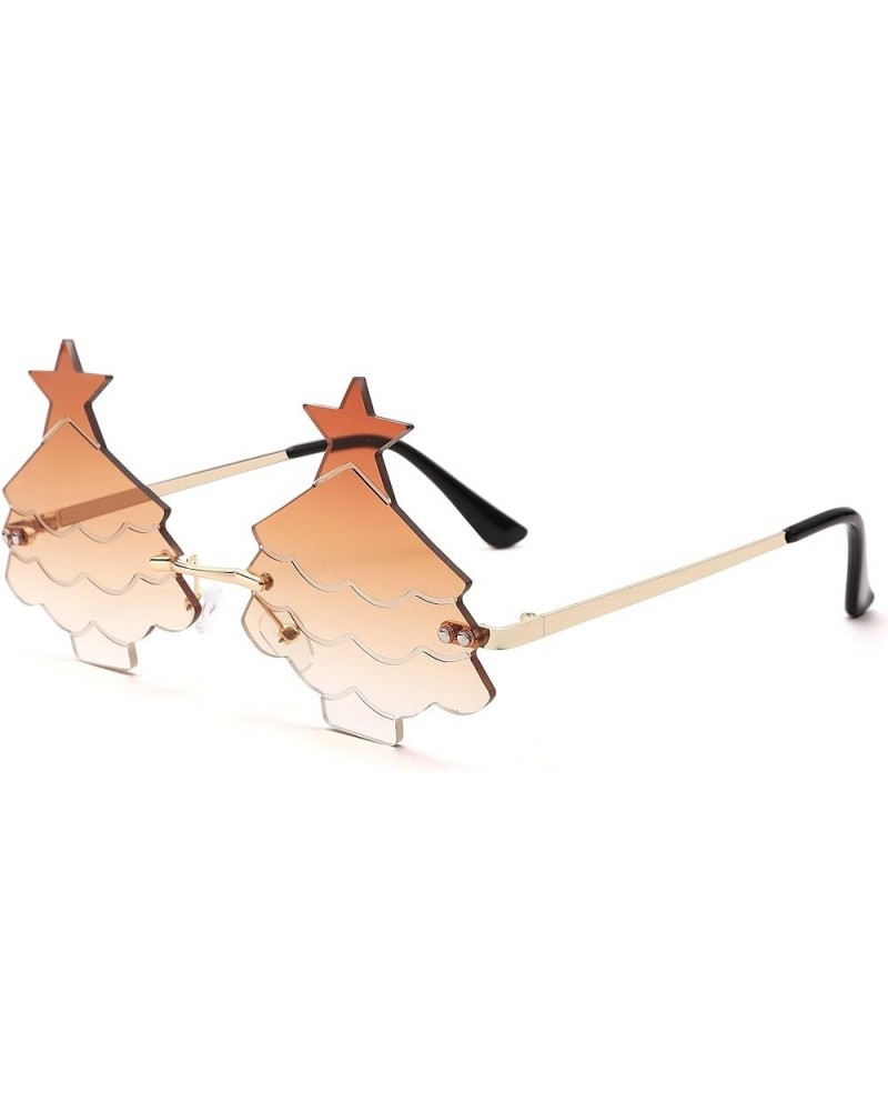 Christmas Tree Sunglasses for Women Men Rimless Rave Christmas Party Eyeglasses C3 Gold Frame/Gradient Brown Lenes $9.85 Rimless