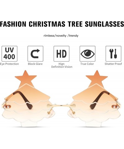 Christmas Tree Sunglasses for Women Men Rimless Rave Christmas Party Eyeglasses C3 Gold Frame/Gradient Brown Lenes $9.85 Rimless