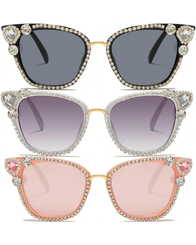 Luxury Small Cat Eye Rhinestone Sunglasses for Women Fashion Diamond bling party Sun Glasses Sparkling Crystal Shades 3pcs-bl...