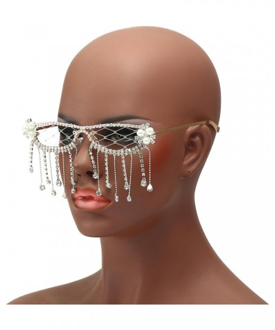 Bling Tassel Rhinestones Sunglasses Female rectangle Diamond Women Men Trendy Sparkling Party Sunglasses White $9.41 Designer